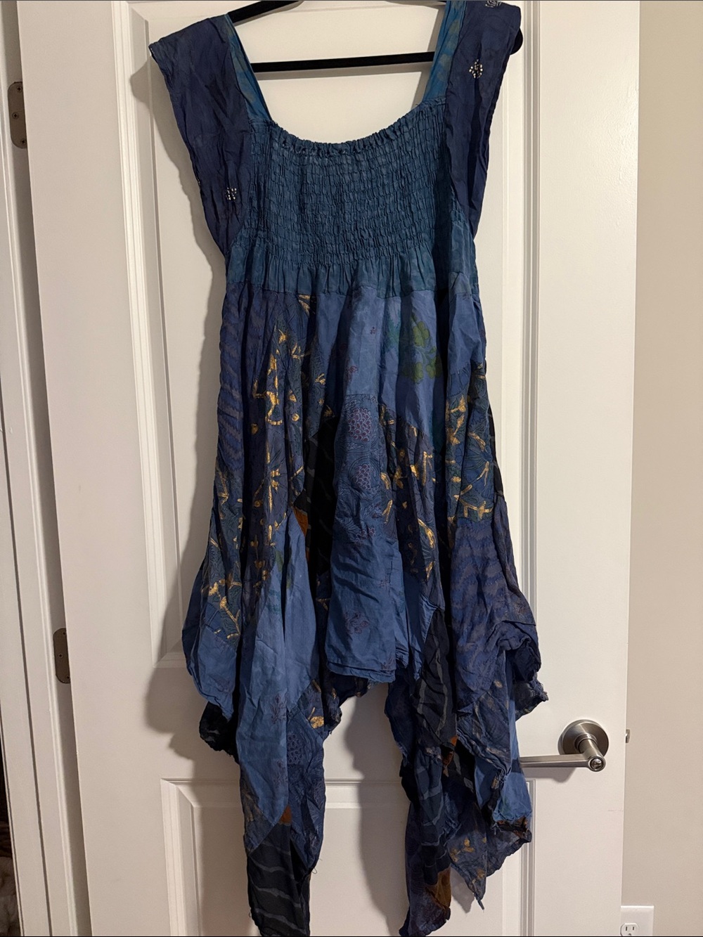 Blue Asymmetrical Women’s Dress with Gold Accents